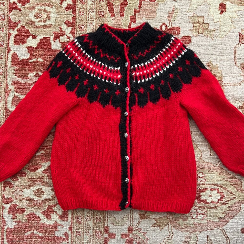 Hand knit Oversized Red and Black Women's Cardigan Sweater